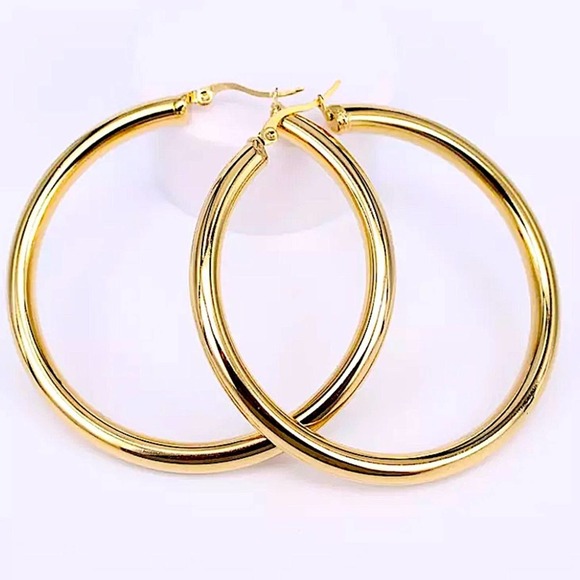 NEW GOLD 60mm HOOP EARRINGS - Picture 1 of 4